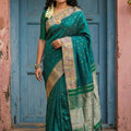 Teal Green Silk Saree with Traditional Zari Border Buti Design 
