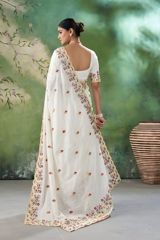 Off White Floral Embroidered Saree with Designer Border and Blouse