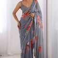 Grey Floral Printed Georgette Saree with Pearl Border Matching Blouse
