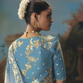 White Sky Blue Embroidered Saree Zari Border Designer Saree