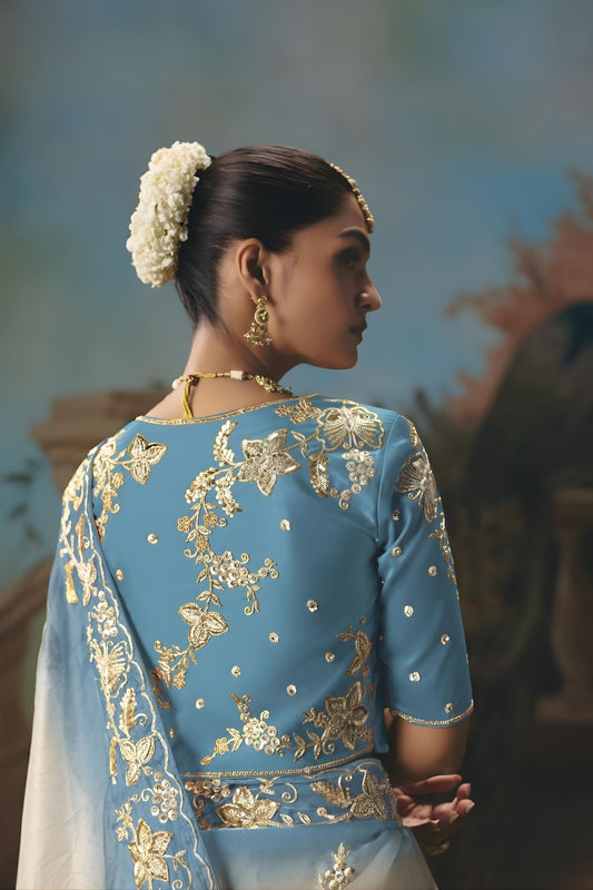 White Sky Blue Embroidered Saree Zari Border Designer Saree