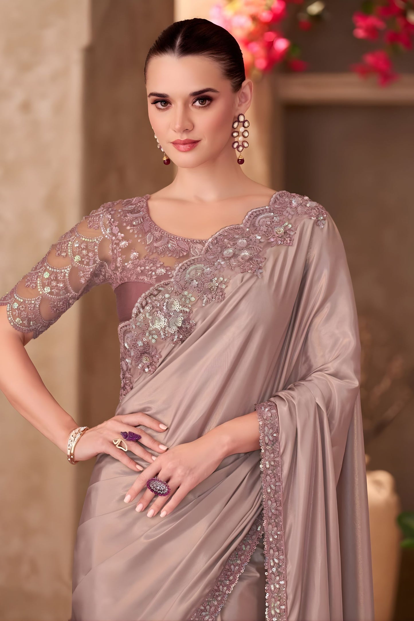 Dusty Mauve Satin Silk Saree Embroidered Border Sequined Blouse