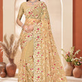  Golden Beige Net Floral Embroidered Saree Heavy Scalloped Border Blouse