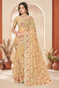  Golden Beige Net Floral Embroidered Saree Heavy Scalloped Border Blouse