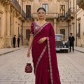 Wine Purple Georgette Saree Stone Embroidered Border Designer Blouse