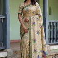 Cream Printed Linen Silk Saree with Multicolor Floral Leaf Design
