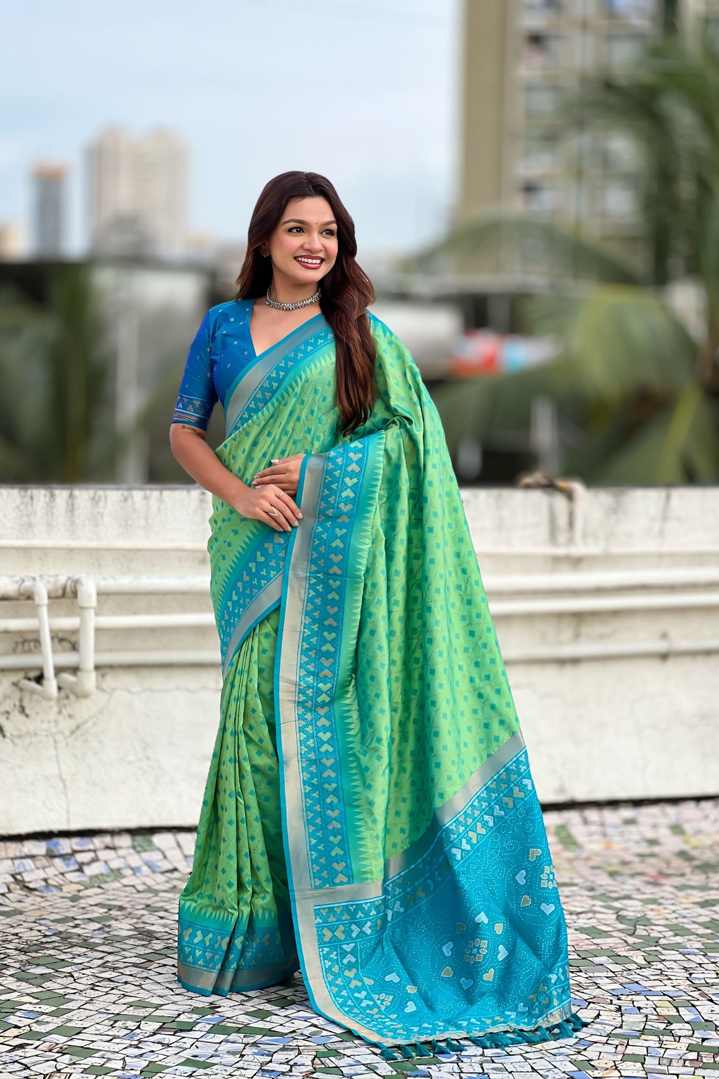 Sea Green Saree Blue Contrast Border Traditional Printed Design