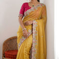 Mustard Yellow Tissue Silk Saree with Heavy Floral Embroidered Border