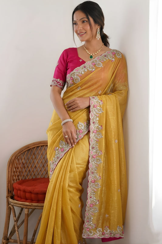 Mustard Yellow Tissue Silk Saree with Heavy Floral Embroidered Border