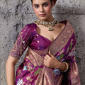 Magenta Banarasi Silk Saree Gold Zari Border Floral Weaving Saree