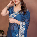Teal Blue Satin Silk Saree Heavy Floral Embroidered Border Designer Blouse
