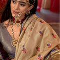 Light Gold Banarasi Silk Saree Royal Blue Border Floral Zari Buti Work