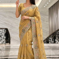  Mustard Gold Embroidered Silk Saree with Heavy Designer Border
