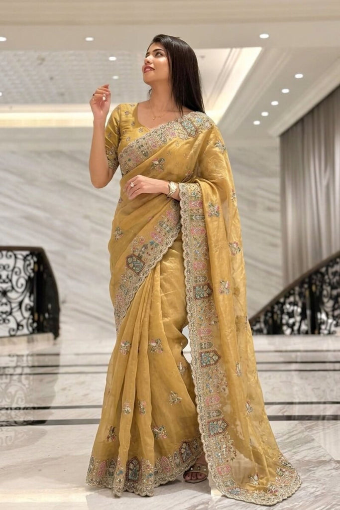  Mustard Gold Embroidered Silk Saree with Heavy Designer Border