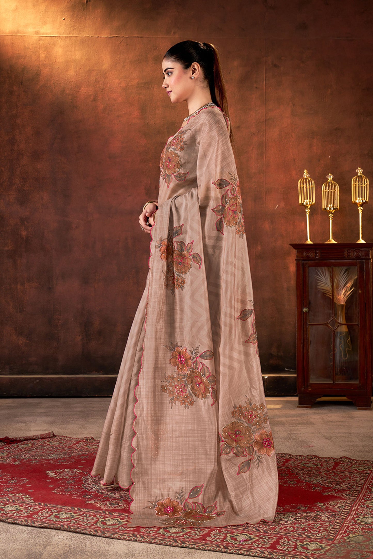 Designer Beige Embroidered Linen Saree Festive Wear