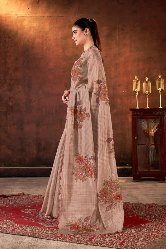 Designer Beige Embroidered Linen Saree Festive Wear