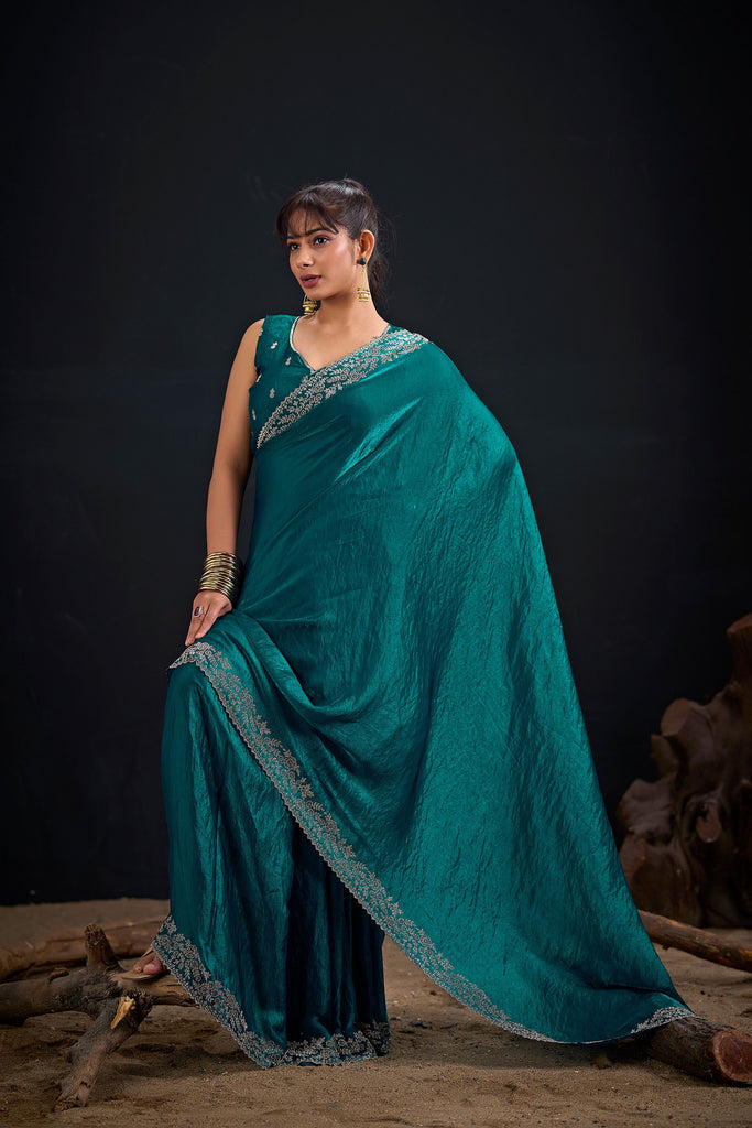 Teal Green Silk Saree with Embroidered Border Designer Saree