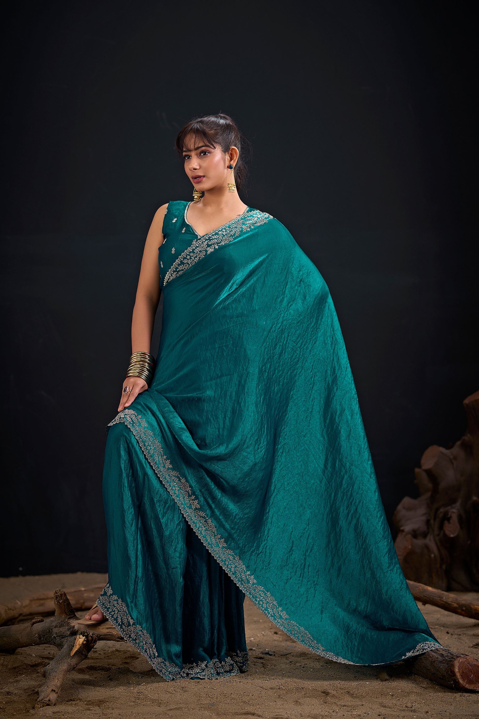 Teal Green Silk Saree with Embroidered Border Designer Saree