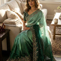 Sea Green Ombre Organza Silk Saree with Heavy Embroidered Border