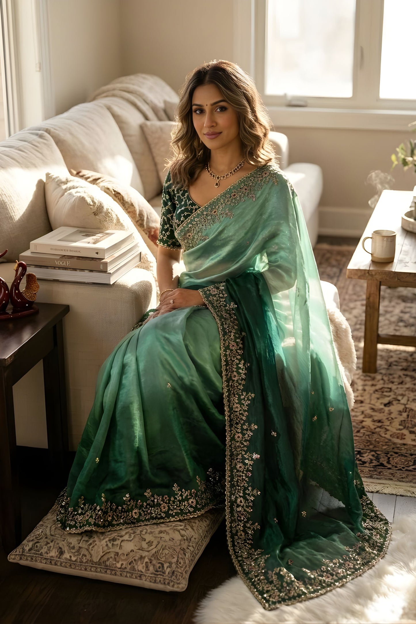 Sea Green Ombre Organza Silk Saree with Heavy Embroidered Border