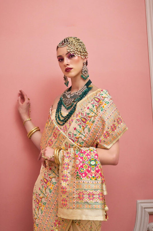 Cream Banarasi Embroidery Silk Saree Matching Blouse Festive Wear