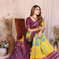 Yellow and Wine Ikat Silk Saree with Traditional Saree Contrast Border