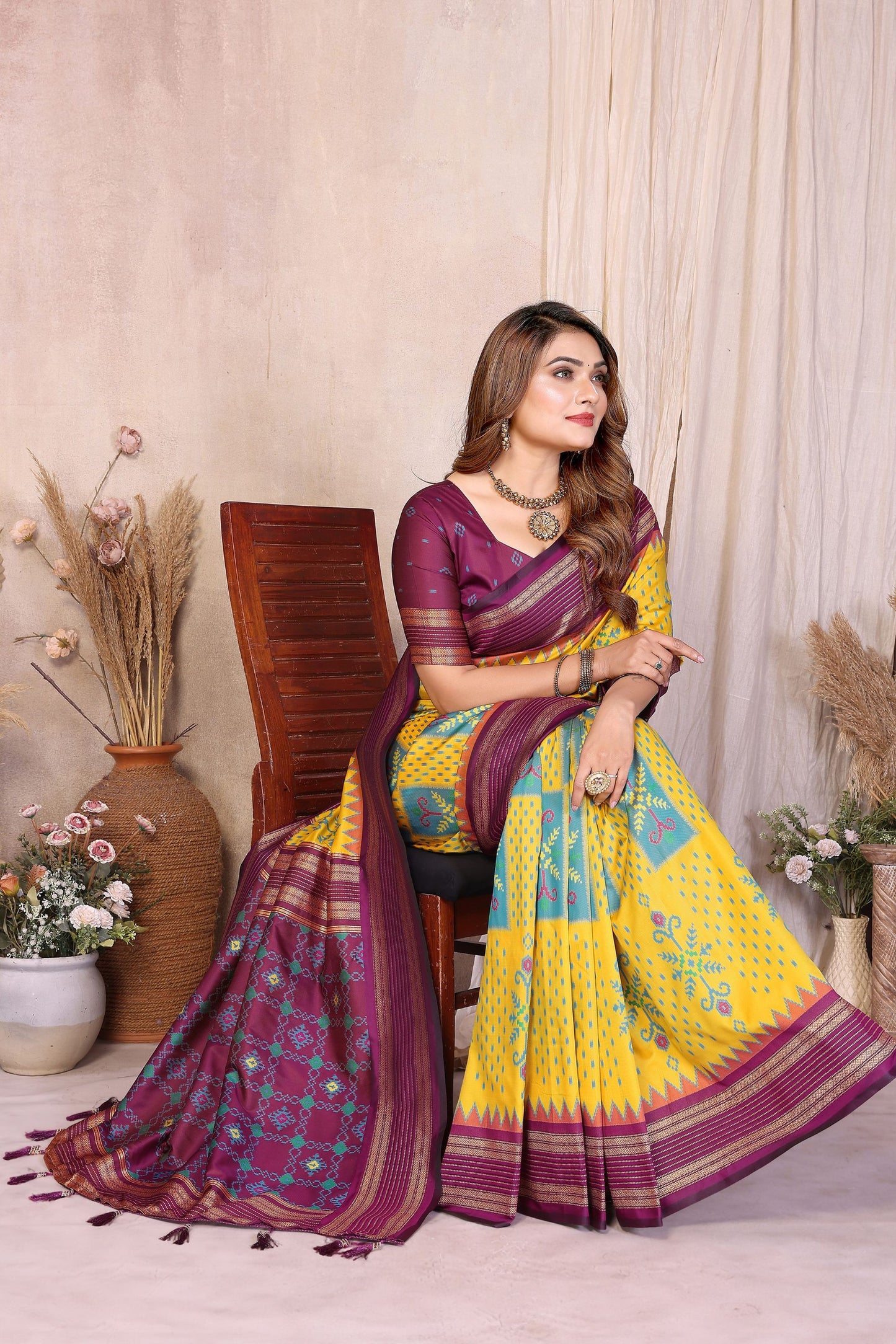 Yellow and Wine Ikat Silk Saree with Traditional Saree Contrast Border