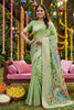 Pastel Green Silk Saree Multicolor Peacock Floral Print Zari Border