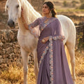  Dusty Lavender Embroidered Saree Designer Floral Border and Blouse