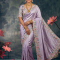 Lavender Silk Designer Saree with Floral Embroidered Border