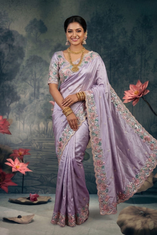 Lavender Silk Designer Saree with Floral Embroidered Border