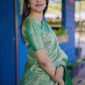 Mint Green Banarasi Silk Saree Floral Zari Weaving Woven Border