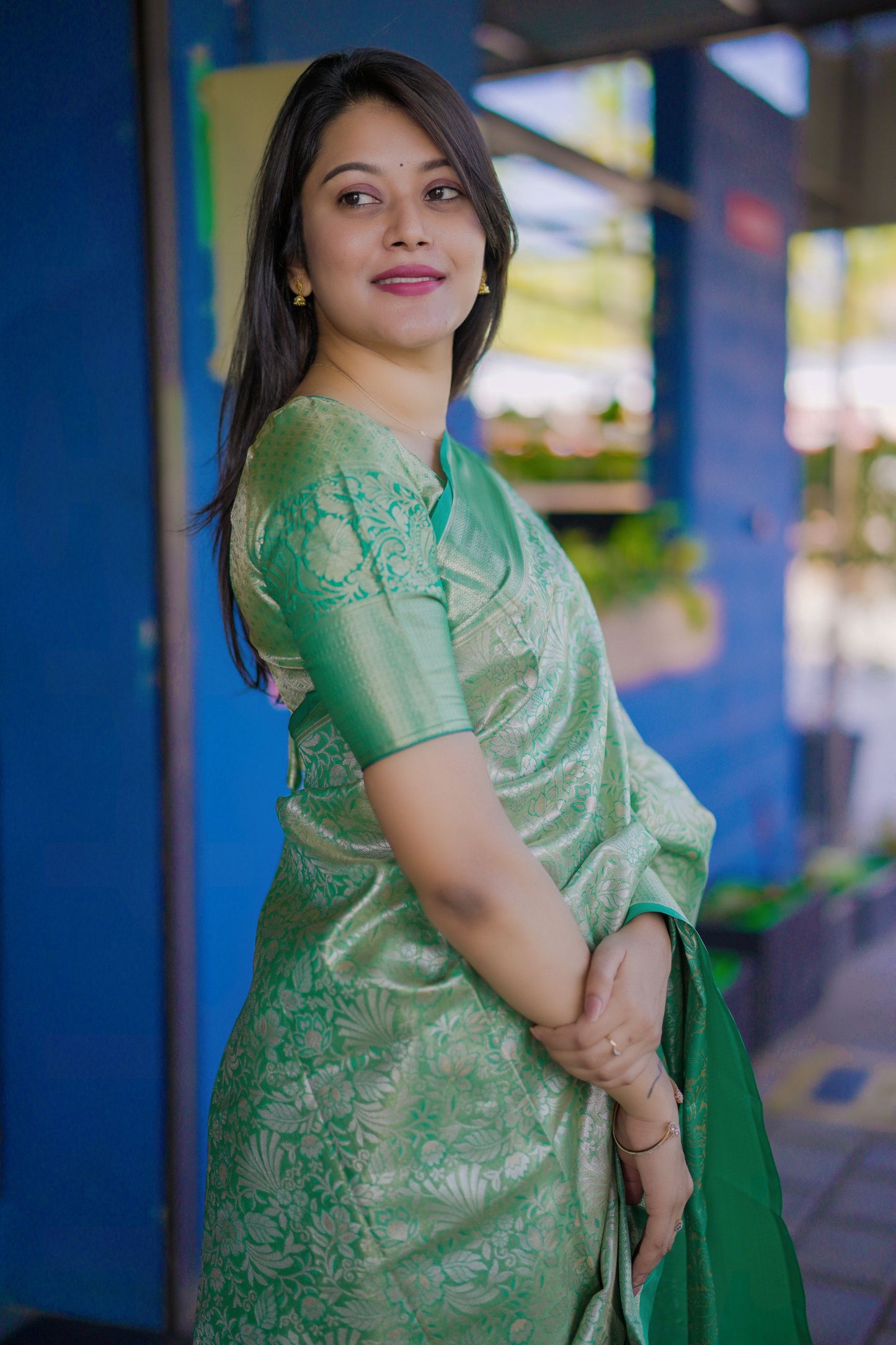 Mint Green Banarasi Silk Saree Floral Zari Weaving Woven Border