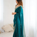 Teal Green Designer Georgette Saree with Heavy Golden Embroidered Border