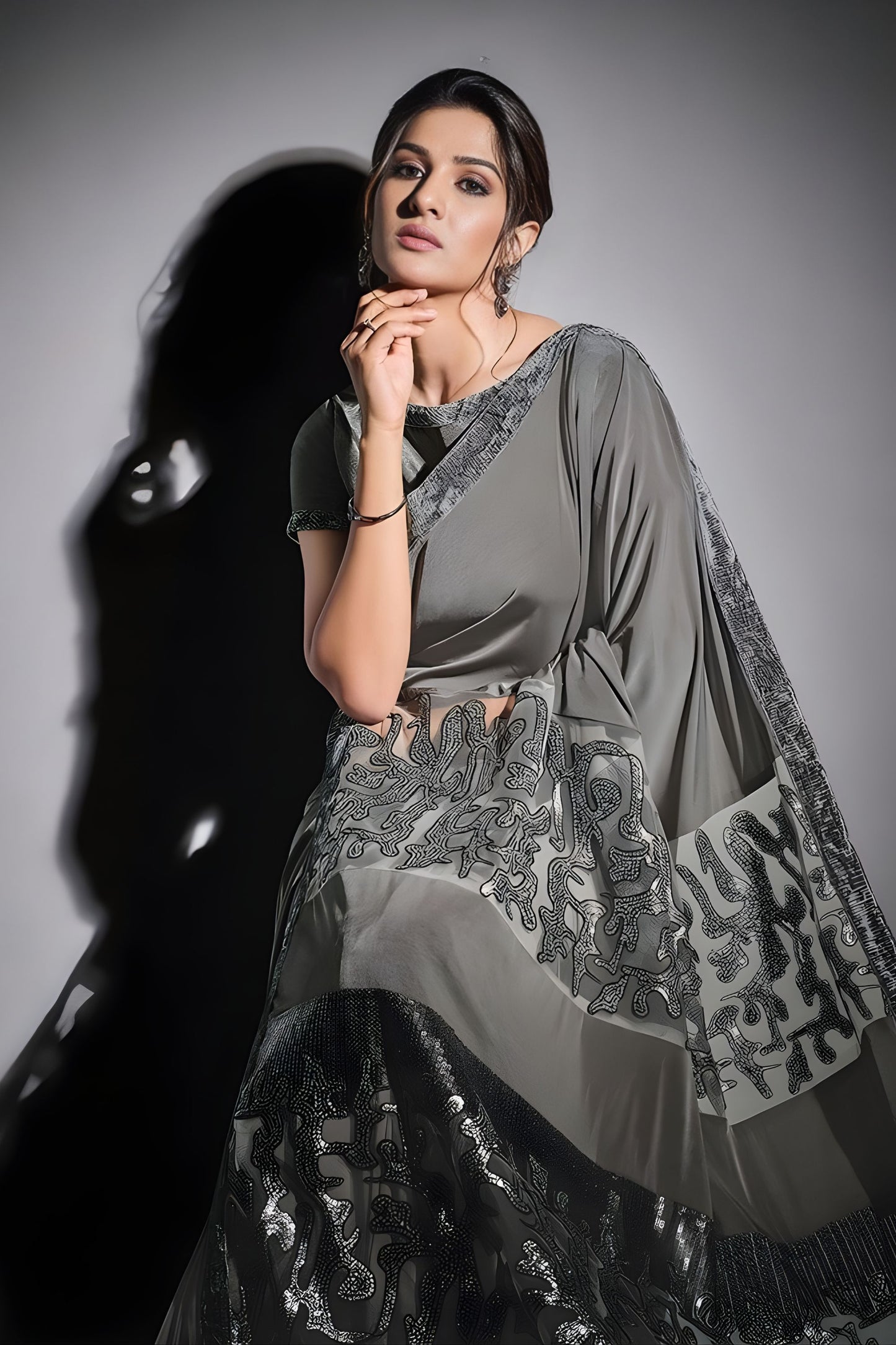 Stylish Grey Embroidered Georgette Saree with Designer Blouse