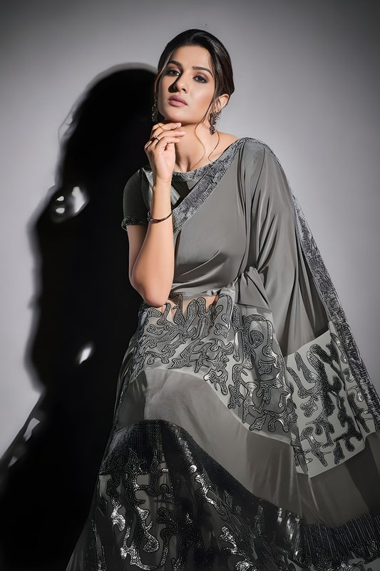 Stylish Grey Embroidered Georgette Saree with Designer Blouse