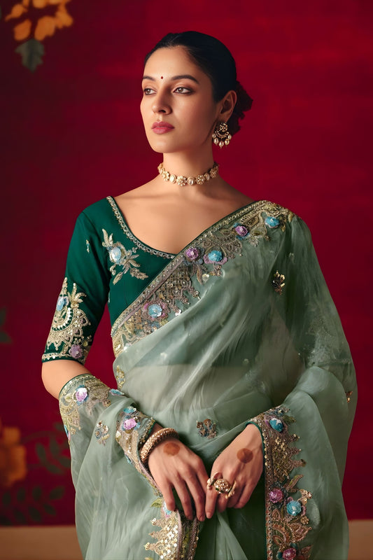 Designer Mint Green Silk Organza Saree with Heavy Embroidery Border
