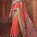 Peach Banarasi Silk Saree with Traditional Floral Printed Pallu