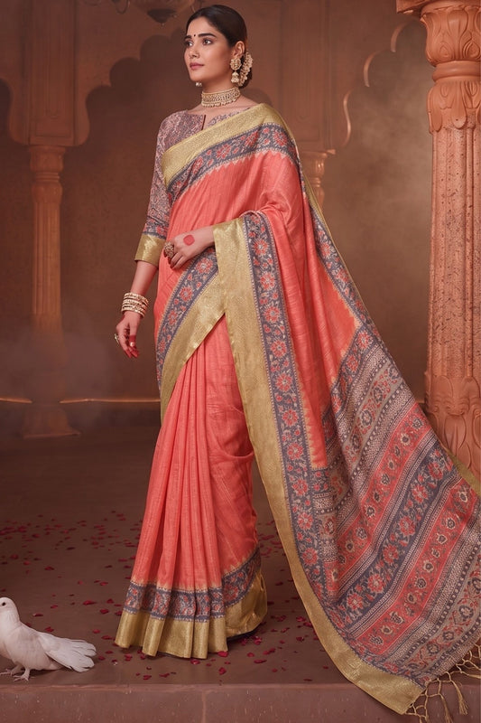 Peach Banarasi Silk Saree with Traditional Floral Printed Pallu