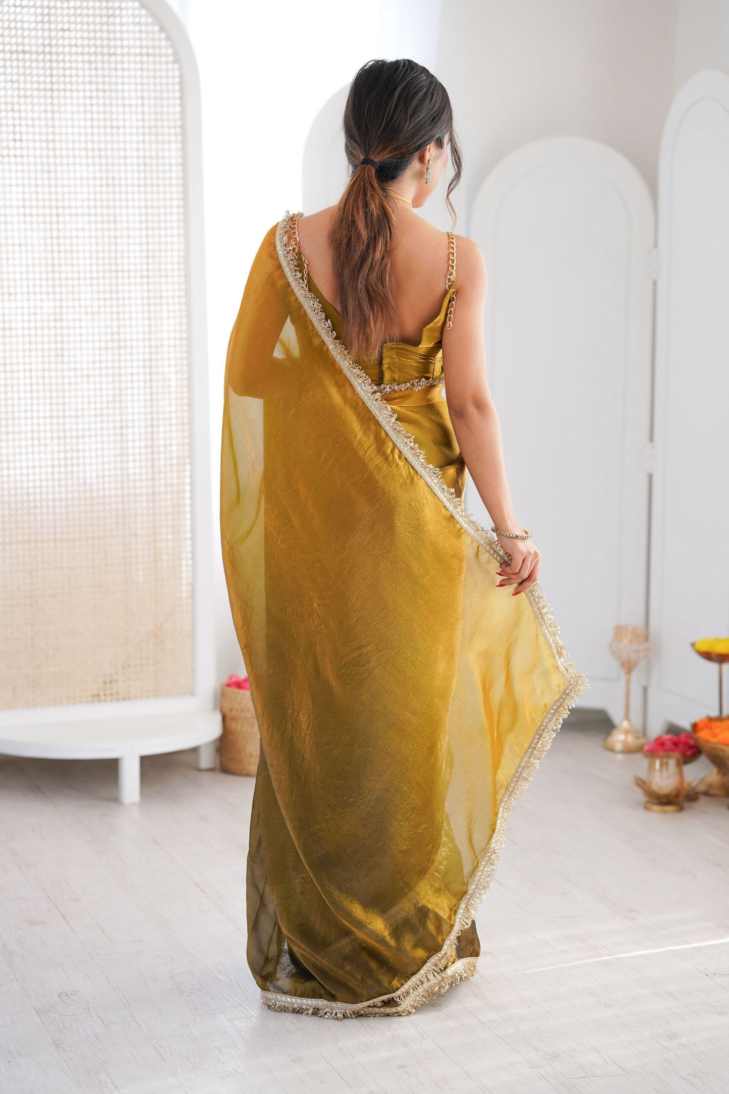 Olive Green Organza Silk Saree Designer Silver Lace Border Matching Blouse