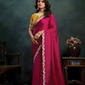 Magenta Georgette Designer Saree Embroidered Border Mustard Yellow Blouse