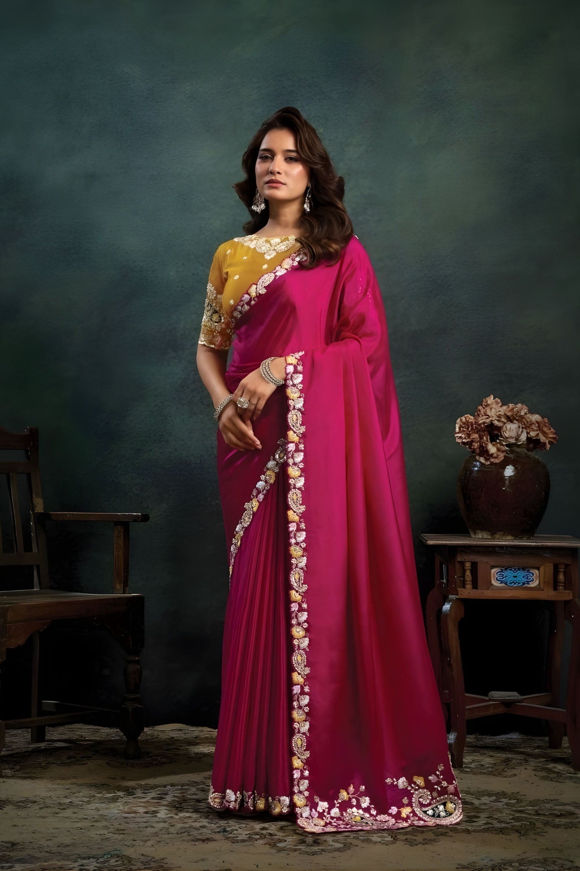 Magenta Georgette Designer Saree Embroidered Border Mustard Yellow Blouse