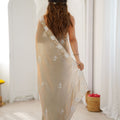 Elegant Beige Designer Embroidered Saree with Silver Floral Work Party Wear