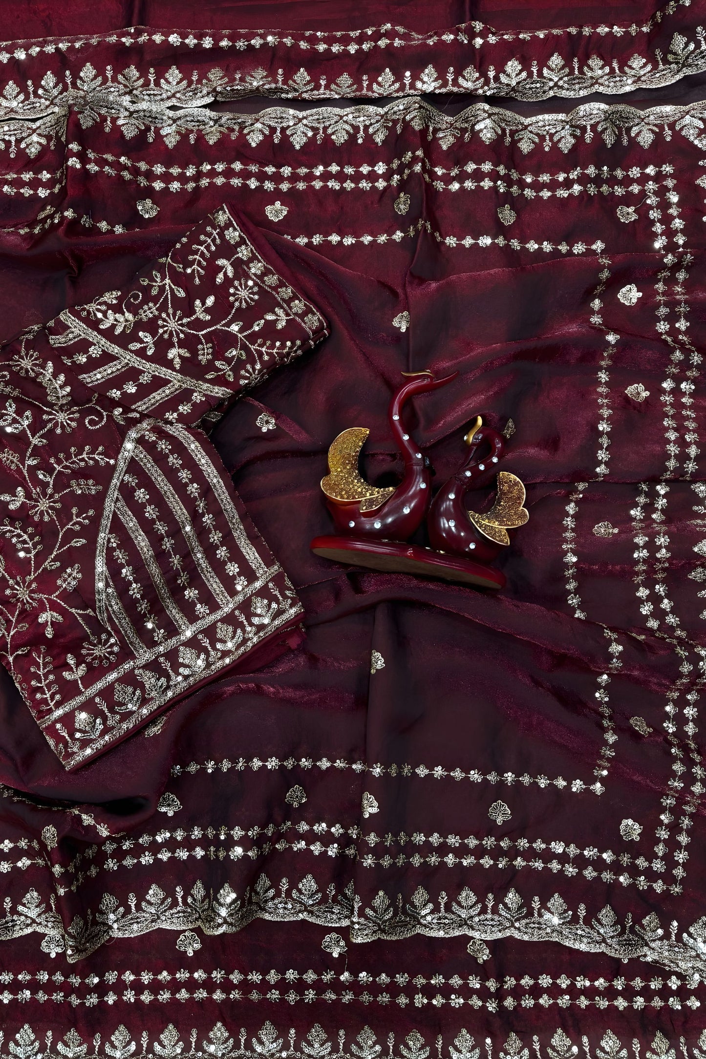 Designer Maroon Georgette Saree Heavy Sequins Embroidery Blouse