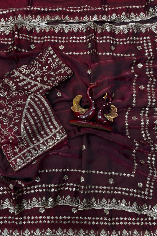 Designer Maroon Georgette Saree Heavy Sequins Embroidery Blouse