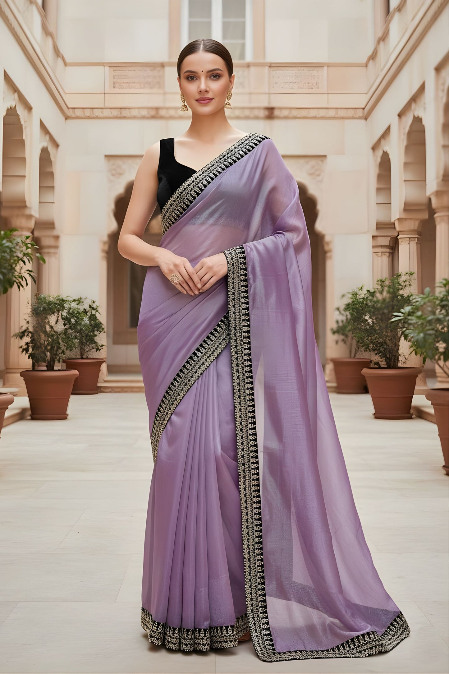  Lavender Organza Saree Designer Embroidered Border Sleeveless Blouse