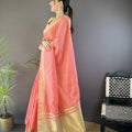 Pink Linen Silk Saree with Golden Zari Border Tassel Pallu