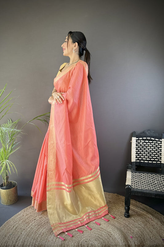 Pink Linen Silk Saree with Golden Zari Border Tassel Pallu