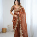 Rust Brown Organza Silk Saree with Heavy Designer Blouse