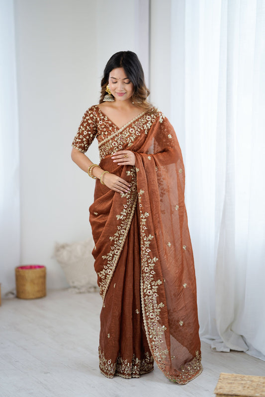 Rust Brown Organza Silk Saree with Heavy Designer Blouse